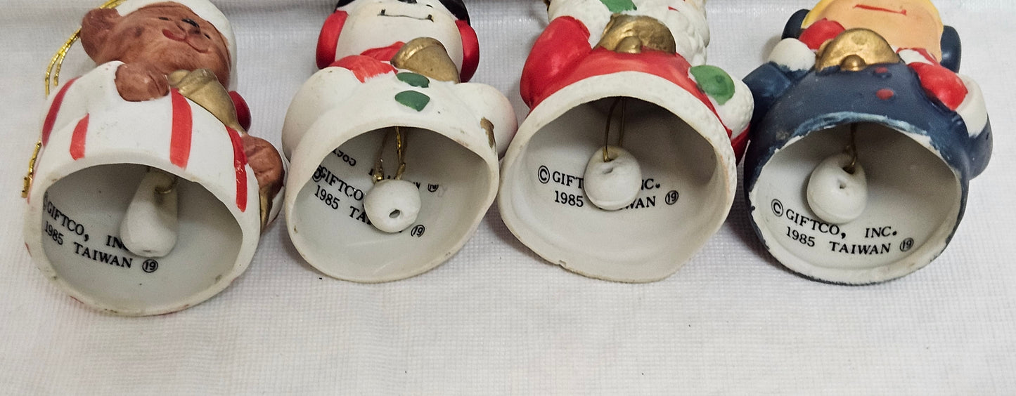 VINTAGE Collectible Bells Bisque Porcelain 1985 Christmas Ornaments - Set of 4