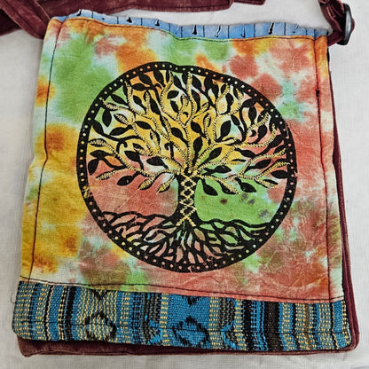 Cotton Tree of Life Hemp Bag with Front Flap and Adjustable Strap