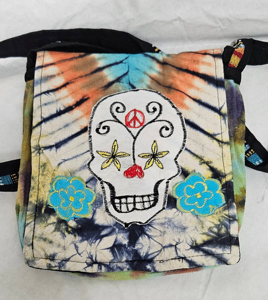 Cotton Purse with a Skull and two flowers/A Hemp Bag with Front Flap and Adjustable Strap