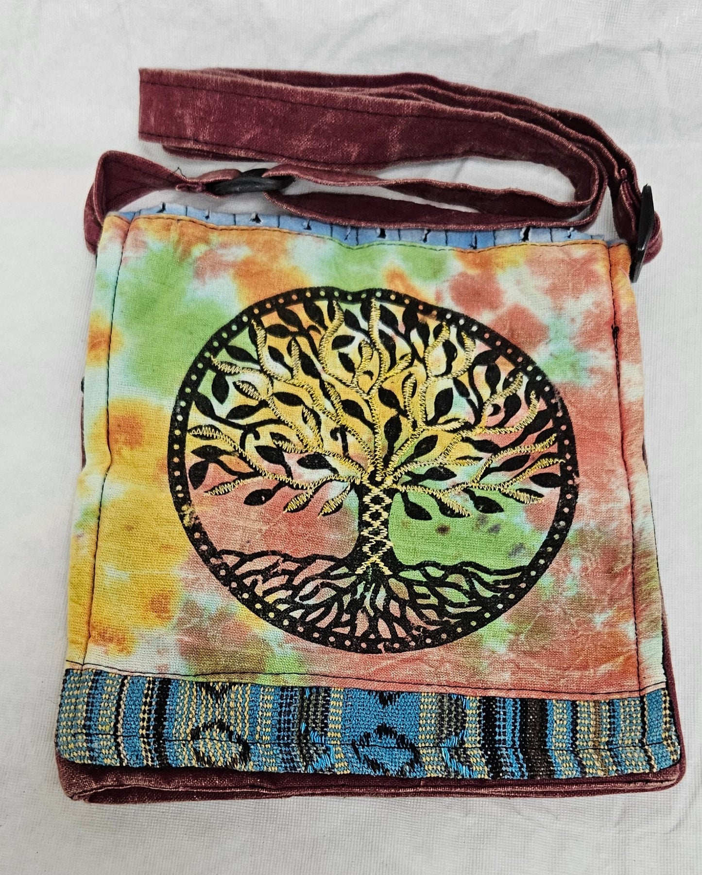 Cotton Tree of Life Hemp Bag with Front Flap and Adjustable Strap