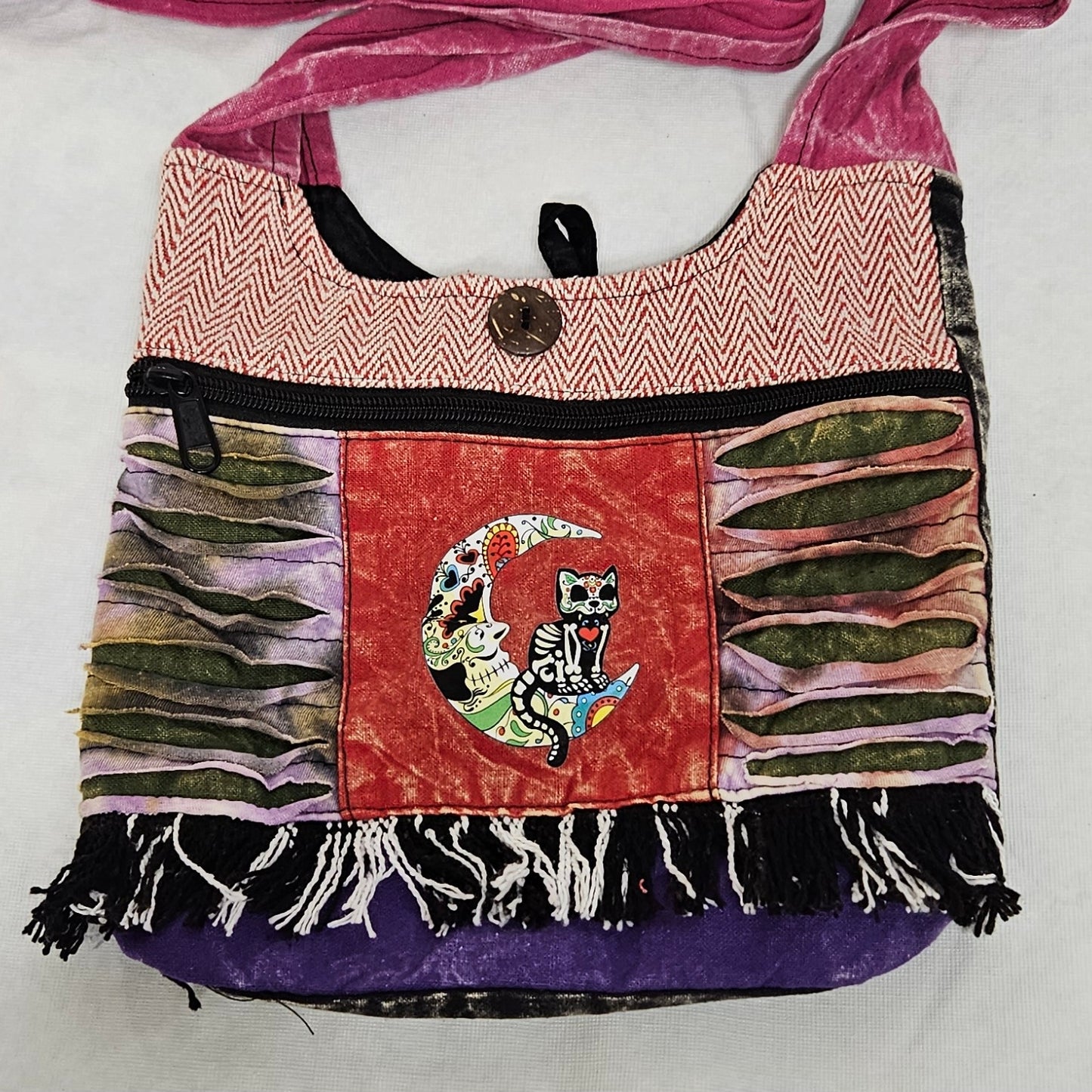 Mini Hobo Style Bag Purse with Zippered Front Pocket Cat on Moon