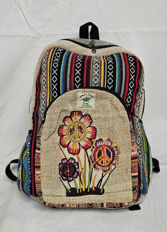 Large Himalayan Hemp Backpack with Flowers and Peace Signs on Front