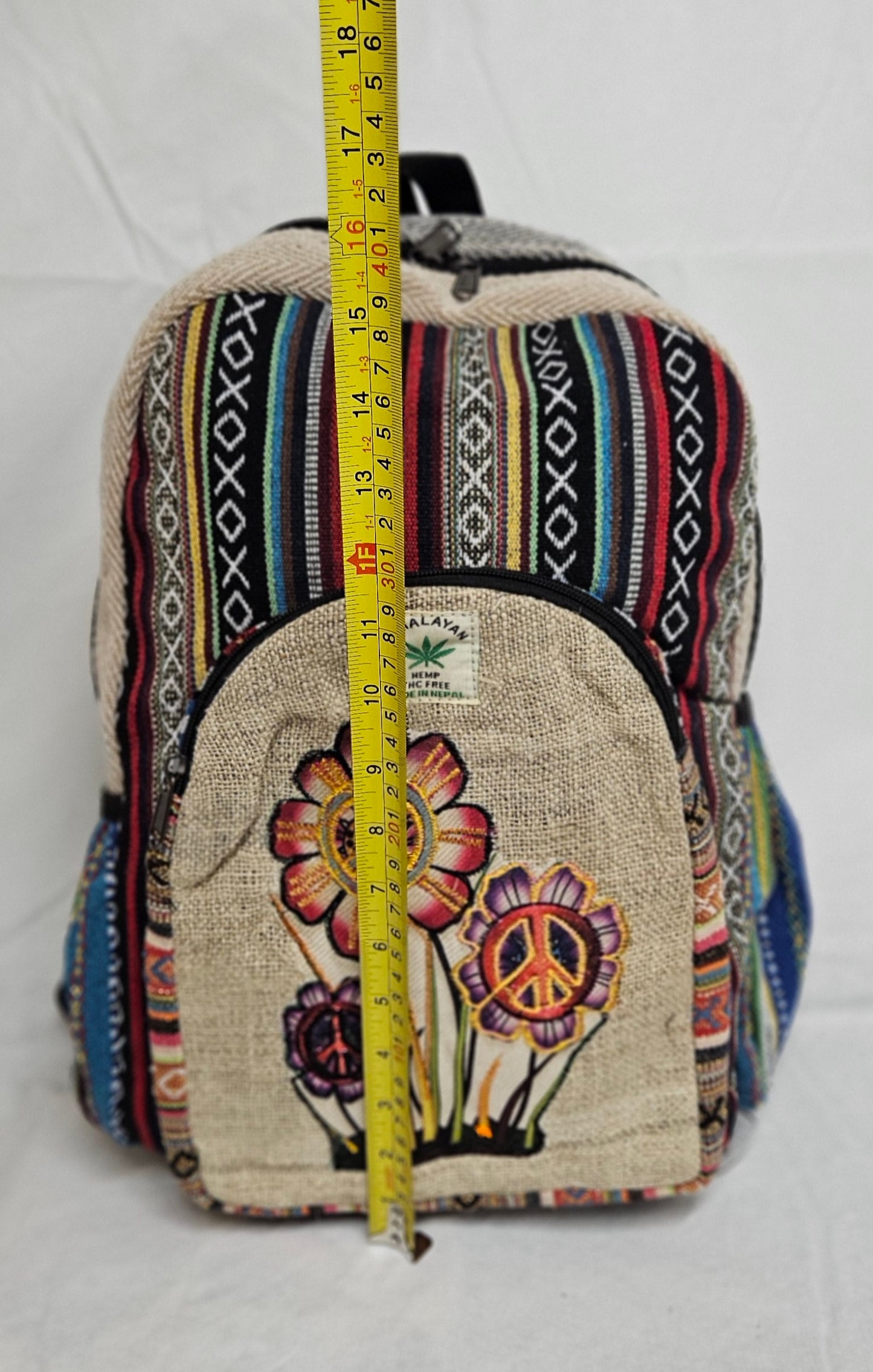 Large Himalayan Hemp Backpack with Flowers and Peace Signs on Front