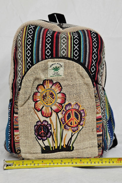 Large Himalayan Hemp Backpack with Flowers and Peace Signs on Front