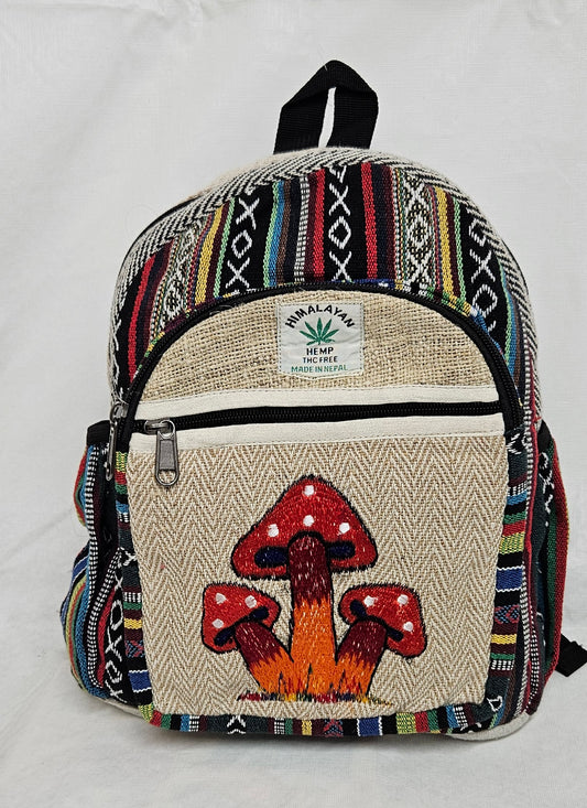 Medium Himalayan Hemp Backpack with Embroidered Mushrooms on Front