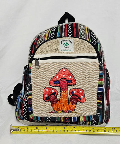 Medium Himalayan Hemp Backpack with Embroidered Mushrooms on Front