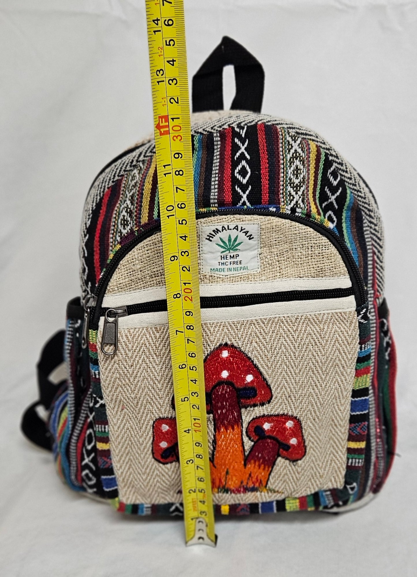 Medium Himalayan Hemp Backpack with Embroidered Mushrooms on Front