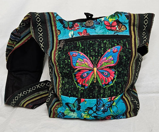 Large Himalayan Hemp Hobo Crossbody Bag with Butterflies on Front and Strap Pocket