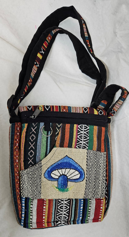 Cotton Purse with a Mushroom on the Front Flap/A Hemp Bag with an Adjustable Strap