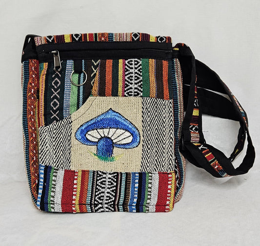 Cotton Purse with a Mushroom on the Front Flap/A Hemp Bag with an Adjustable Strap