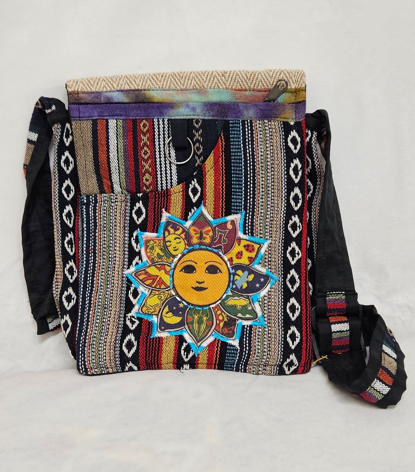 Cotton Purse with a Sun on the Front Flap/A Hemp Bag with an Adjustable Strap