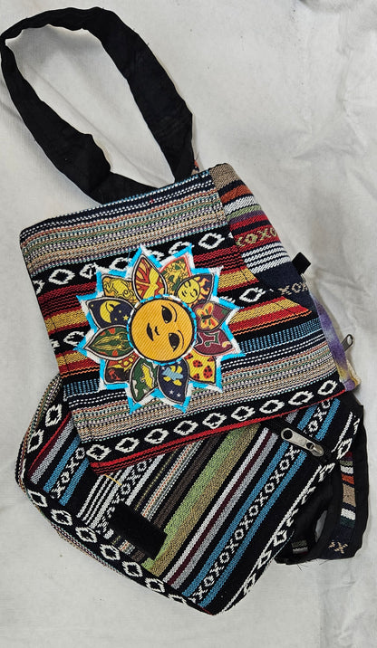 Cotton Purse with a Sun on the Front Flap/A Hemp Bag with an Adjustable Strap